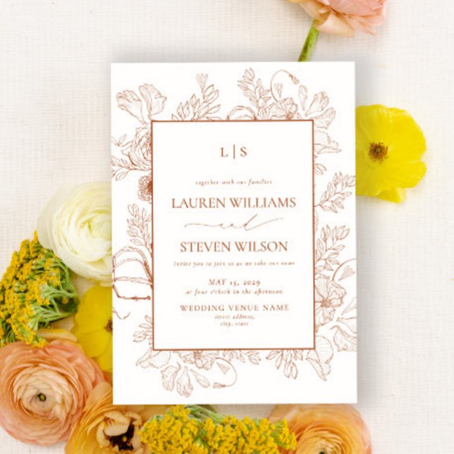 Monogram Elegant Orange Floral Line Art Wedding Invitation (Creator Uploaded)