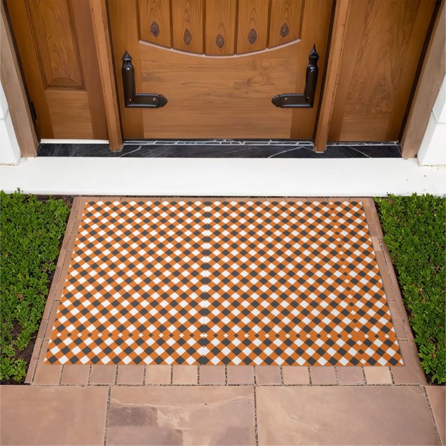 Monogram Elegant Orange White Plaid Gingham  Doormat (Outdoor)