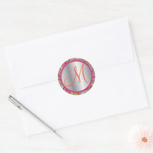 Monogram Elegant Pink and Silver Vintage Paisley Classic Round Sticker