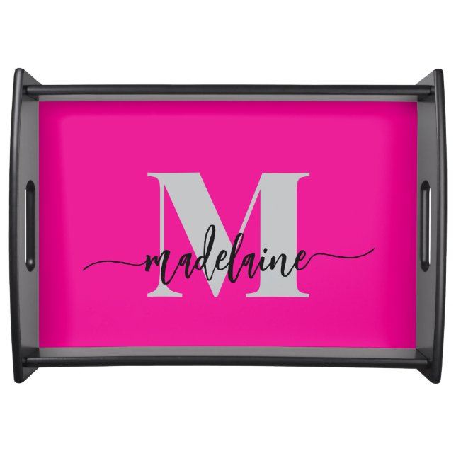 Monogram Elegant Pink Black Personal Serving Tray (Front)