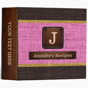 Monogram Elegant Pink Brown Burlap Look Binder