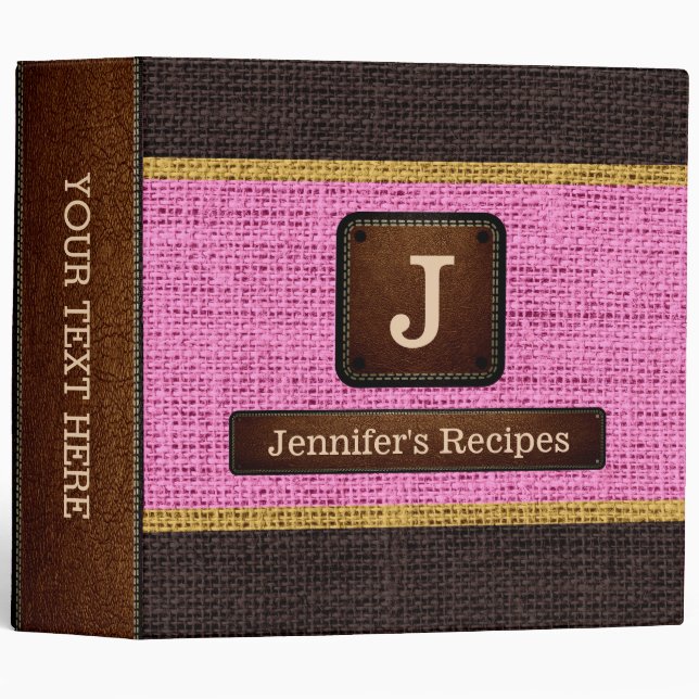Monogram Elegant Pink Brown Burlap Look Binder (Front/Spine)