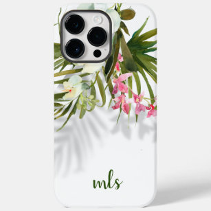 Monogram Elegant Pink Floral Tropical Palm Shadows Case-Mate iPhone 14 Pro Max Case