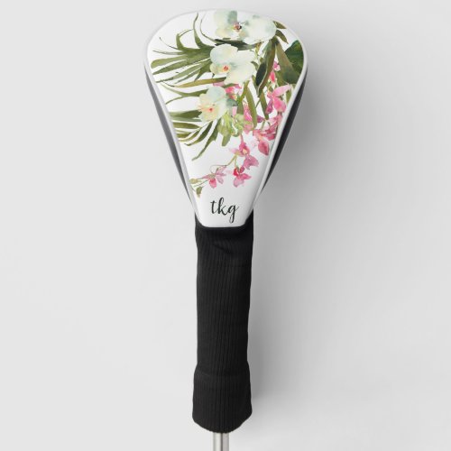 Monogram Elegant Pink Floral Tropical Palms Golf Head Cover