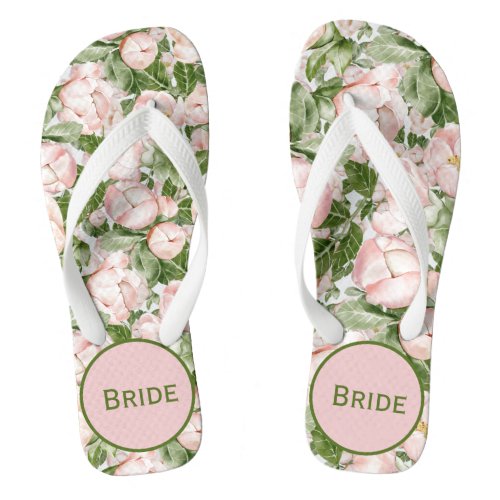 Monogram Elegant Pink Green Floral Bride Flip Flops