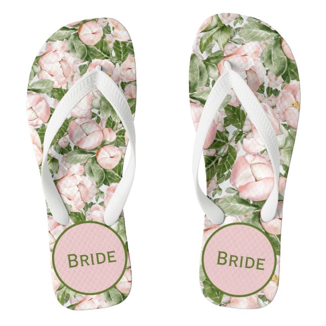 Monogram Elegant Pink Green Floral Bride Flip Flops (Footbed)