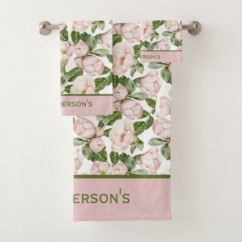 Monogram Elegant Pink Green Floral Flower Greenery Bath Towel Set