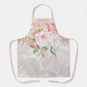 Monogram Elegant Pink Rose and Peony Floral Apron