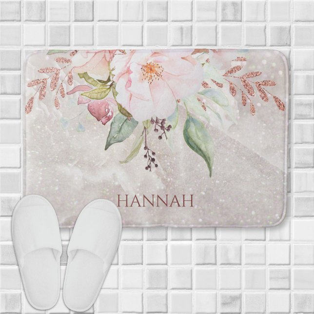 Monogram Elegant Pink Rose and Peony Floral Bath Mat (In situ)