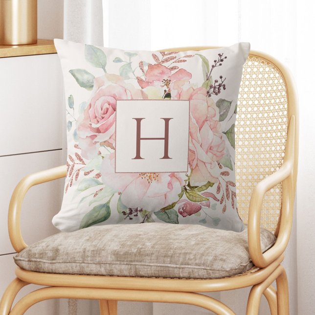 Monogram Elegant Pink Rose Peony Floral Bouquet  Throw Pillow (In situ)