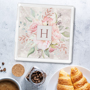 Monogram Elegant Pink Rose Peony Floral Marble Acrylic Tray