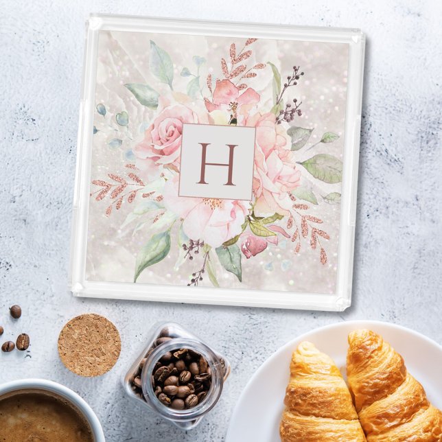 Monogram Elegant Pink Rose Peony Floral Marble Acrylic Tray (In situ)
