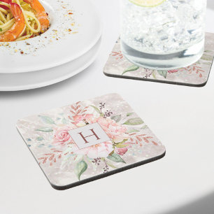 Monogram Elegant Pink Rose Peony Floral Marble Beverage Coaster