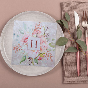 Monogram Elegant Pink Rose Peony Floral Marble Cloth Napkin
