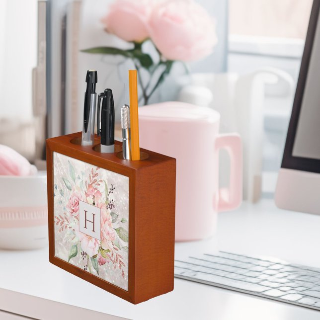 Monogram Elegant Pink Rose Peony Floral Marble Desk Organizer (In situ)