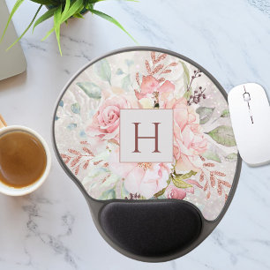 Monogram Elegant Pink Rose Peony Floral Marble  Gel Mouse Pad