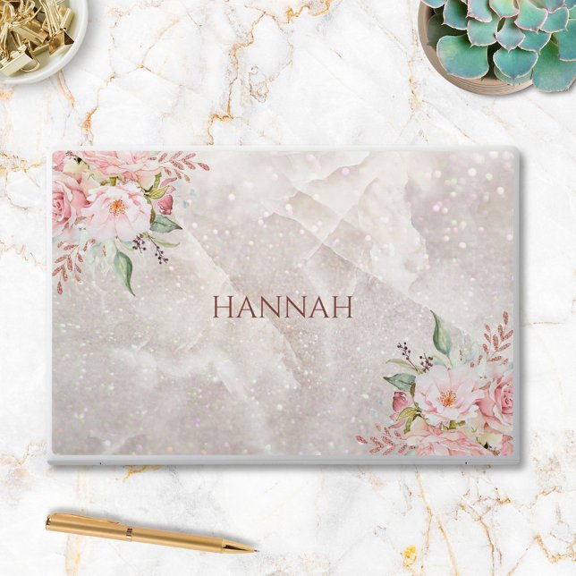 Monogram Elegant Pink Rose Peony Floral Marble HP Laptop Skin (In situ)