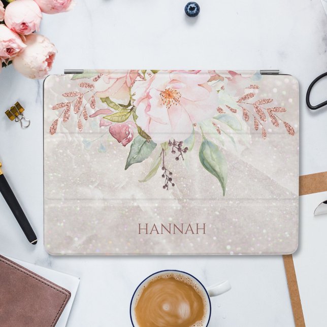Monogram Elegant Pink Rose Peony Floral Marble iPad Mini Cover (In situ)