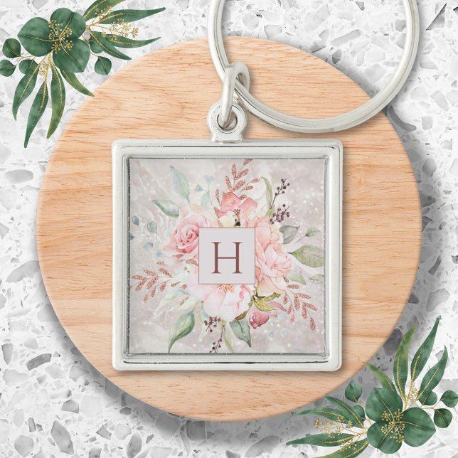 Monogram Elegant Pink Rose Peony Floral Marble Keychain (In situ)