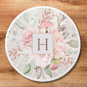 Monogram Elegant Pink Rose Peony Floral Marble Mini Candle Favors