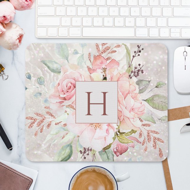 Monogram Elegant Pink Rose Peony Floral Marble Mouse Pad (In situ)