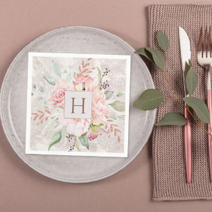 Monogram Elegant Pink Rose Peony Floral Marble Napkins