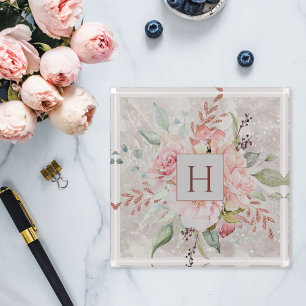 Monogram Elegant Pink Rose Peony Floral Marble Paperweight