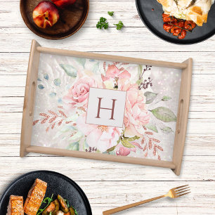 Monogram Elegant Pink Rose Peony Floral Marble Serving Tray