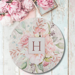 Monogram Elegant Pink Rose Peony Floral Marble Trinket Tray