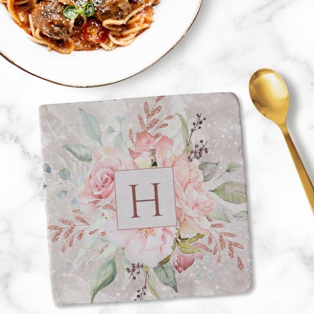 Monogram Elegant Pink Rose Peony Floral Marble Trivet (In situ)