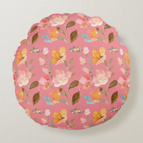 Monogram Elegant Pink Watercolor  Round Pillow