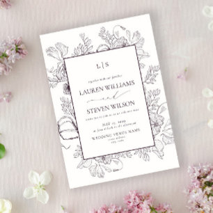 Monogram Elegant Plum Purple Floral Line Wedding Invitation