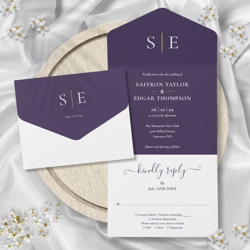 Monogram Elegant Purple And Gold Wedding All In One Invitation