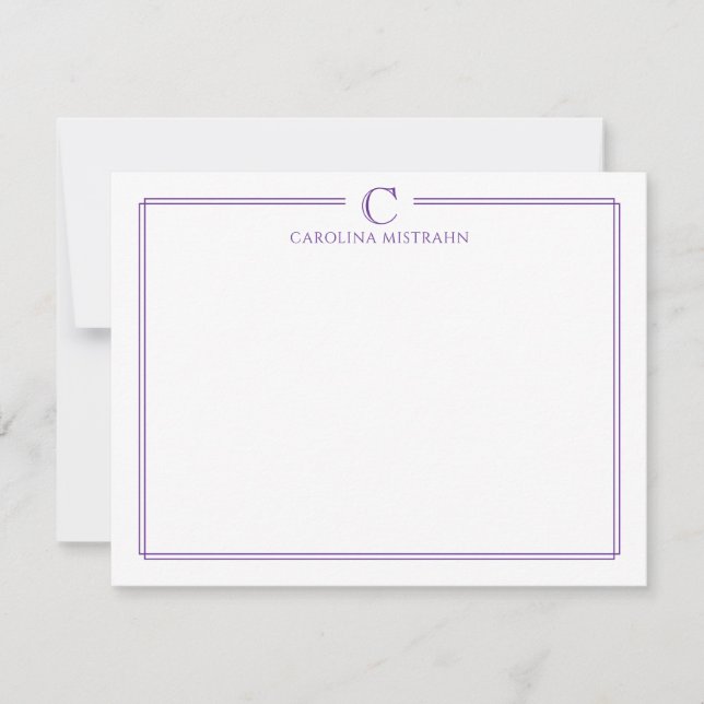 Monogram Elegant Purple Border Stationery Note Card (Front)
