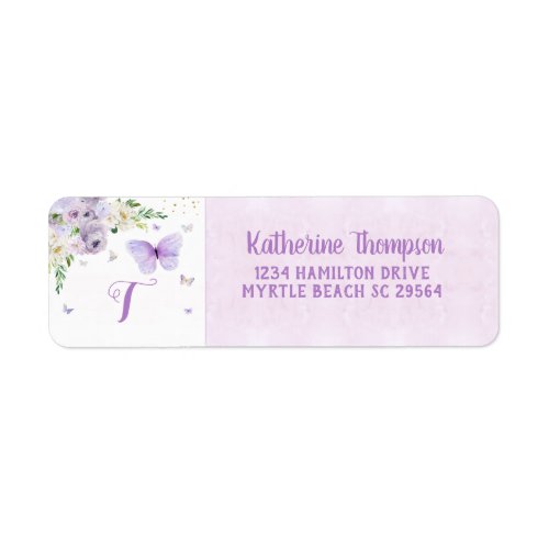 Monogram Elegant Purple Floral Butterflies Glitter Label