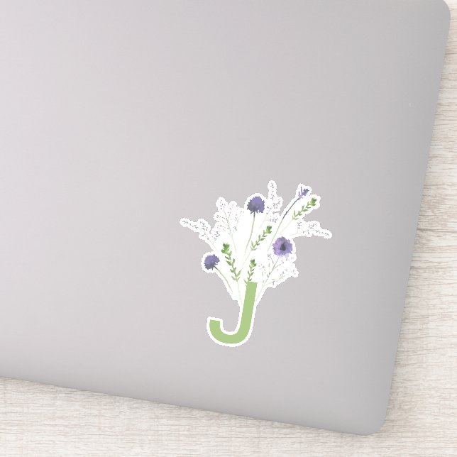 Monogram Elegant Purple Green Floral Pattern Sticker (Detail)