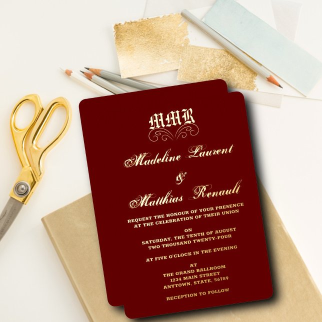 Monogram Elegant Red and Gold Wedding  Foil Invitation (Creator Uploaded)
