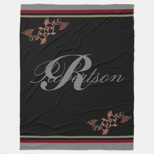 Monogram Elegant Red Black Ruby Grey Fleece Blanket