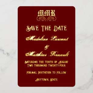 Monogram Elegant Red & Gold Save the Date Foil Invitation