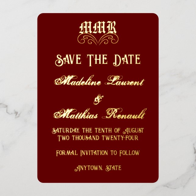 Monogram Elegant Red & Gold Save the Date Foil Invitation (Front)