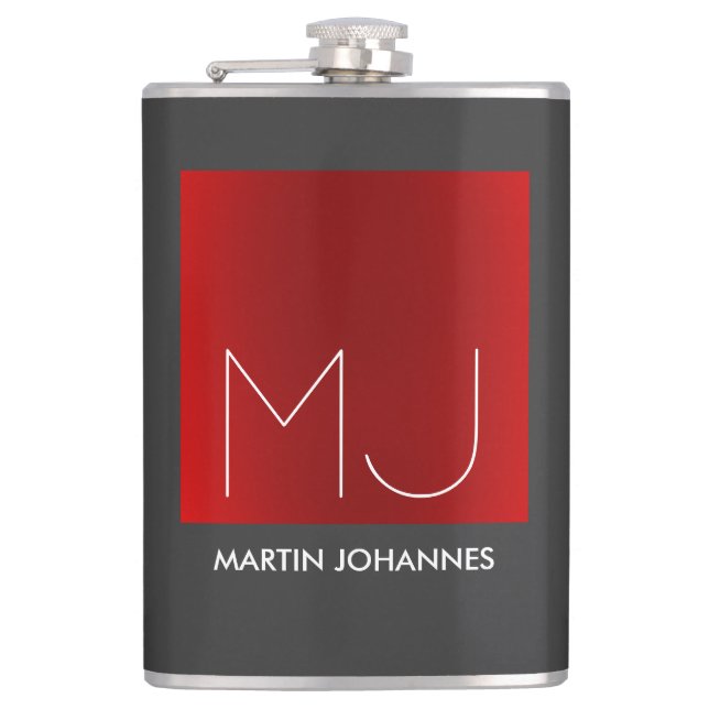 Monogram Elegant Red Grey Add Name Initials Flask (Front)