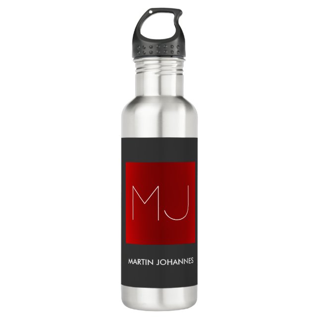 Monogram Elegant Red Grey Add Name Initials Stainless Steel Water Bottle (Front)