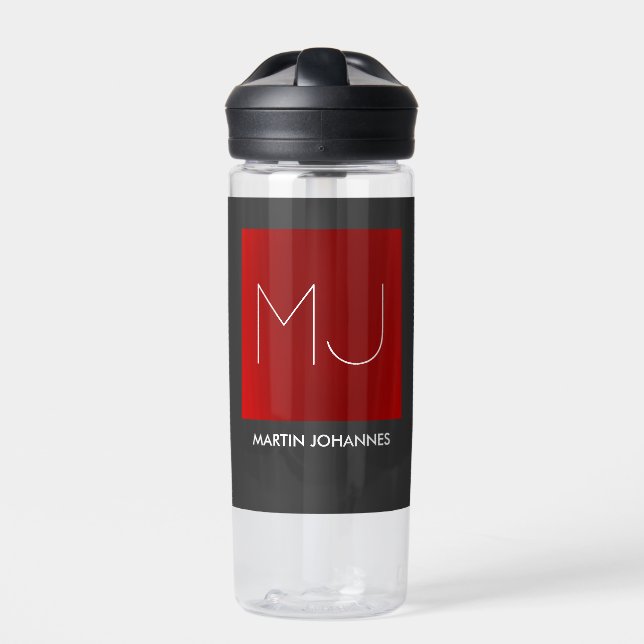 Monogram Elegant Red Grey Add Name Initials Water Bottle (Front)