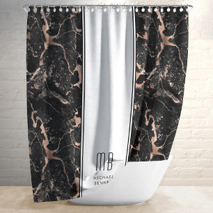 Monogram Elegant Rose Gold Black Marble Shower Curtain