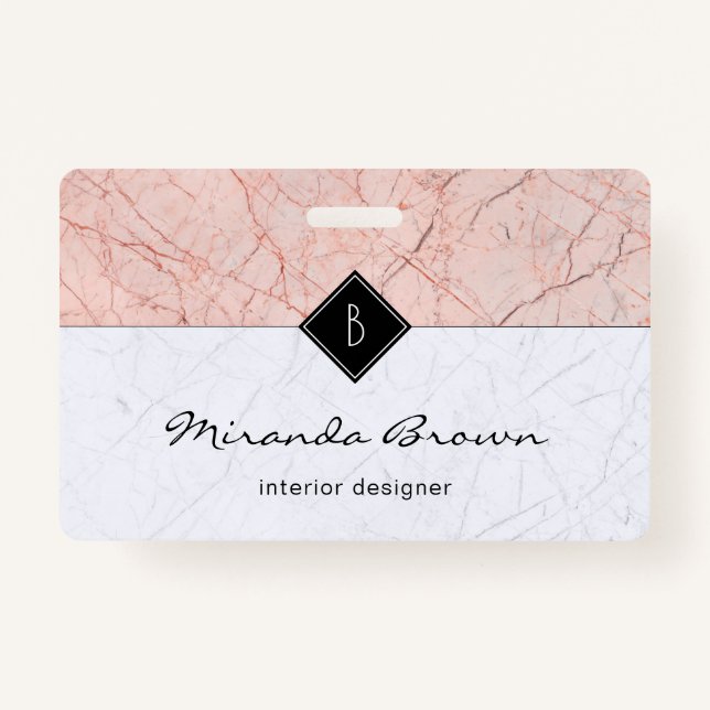 Monogram Elegant Rose Gold Gray Marble Badge (Front)