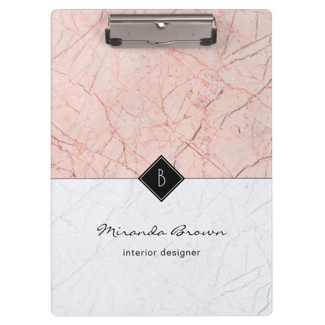 Monogram Elegant Rose Gold Gray Marble Clipboard (Front)