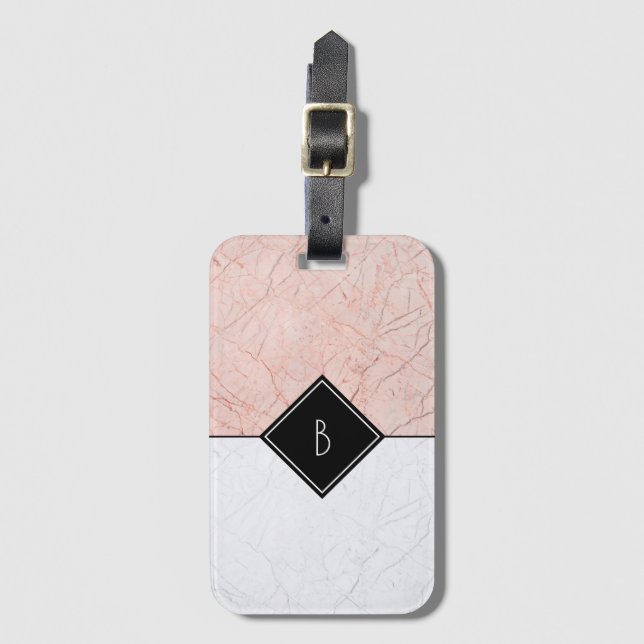 Monogram Elegant Rose Gold Gray Marble Luggage Tag (Front Vertical)
