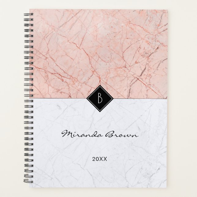 Monogram Elegant Rose Gold Gray Marble Planner (Front)