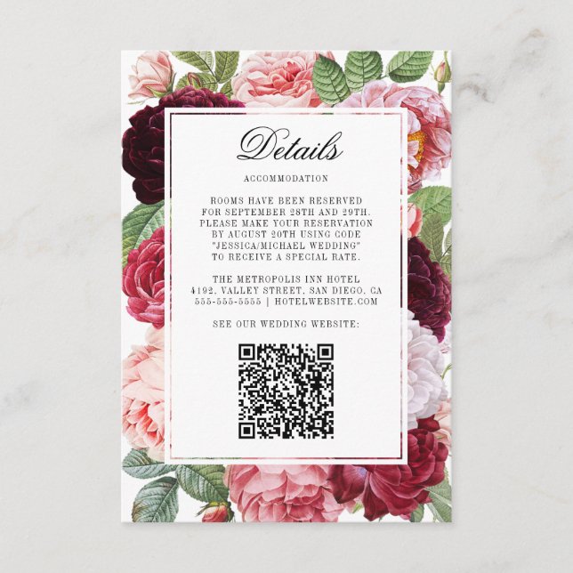 Monogram Elegant Roses Wedding Details QR Code Enclosure Card (Front)