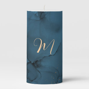 Monogram Elegant Royal Blue Marble Pillar Candle
